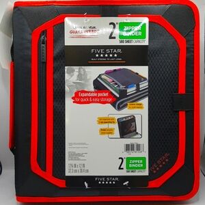 Five Star 2" 3-Ring Zipper Binder, Expansion Panel Black/Red BACK TO SCHOOL NEW